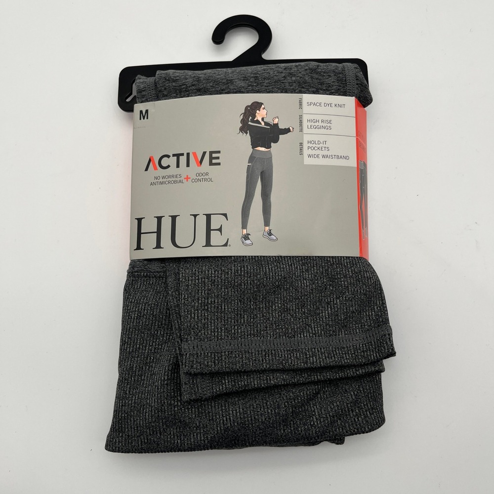 HUE Leggings Womens Medium Black Wide Waistband Hold It Legging Space Dye Active